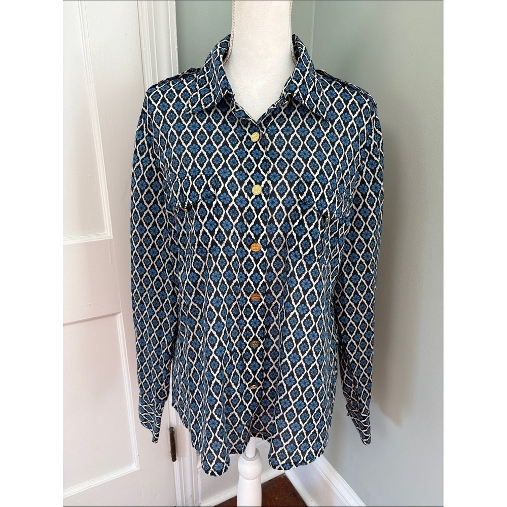 Tory Burch Navy and White Geometric Button-Down Shirt Size 14